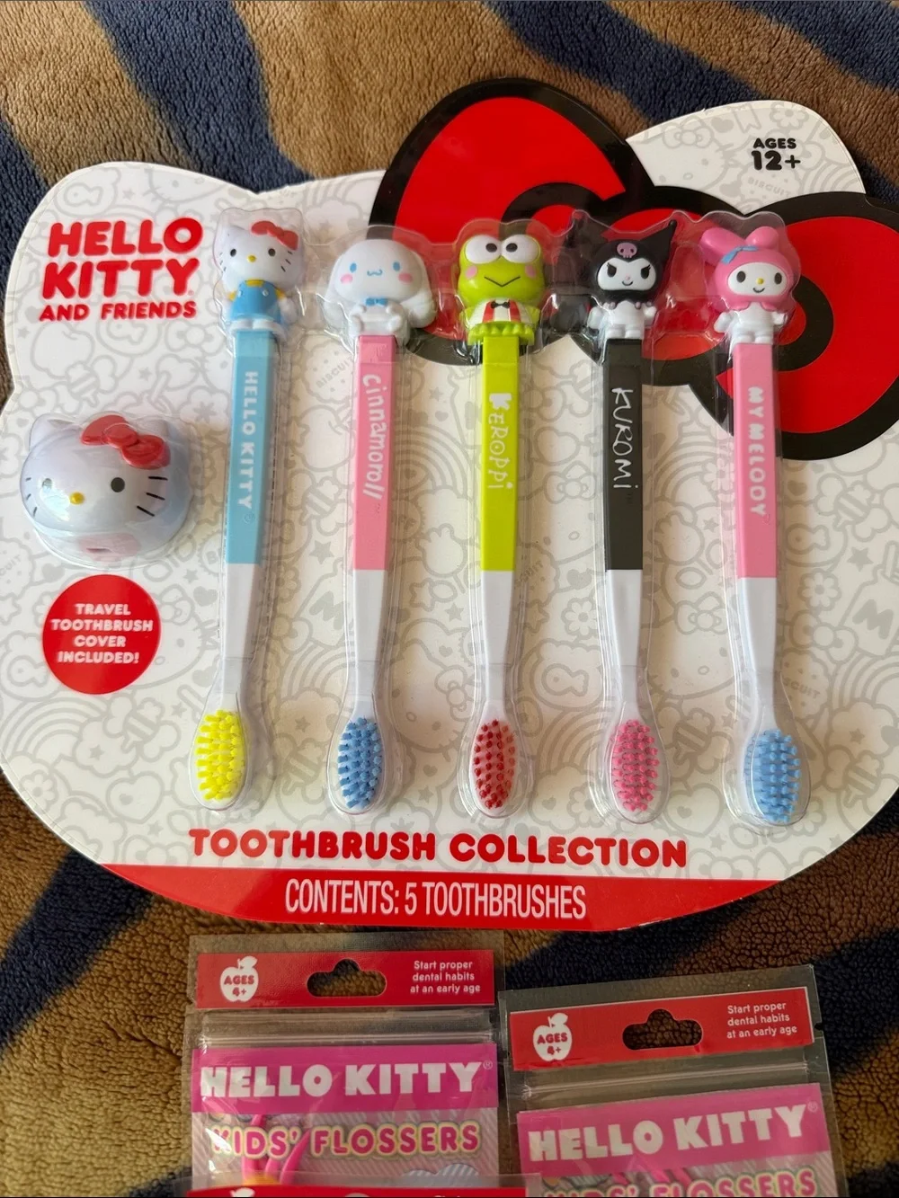 Hello Kitty Kids Toothbrush & Flossers Set - Pink, Blue, Green, Yellow, Red
